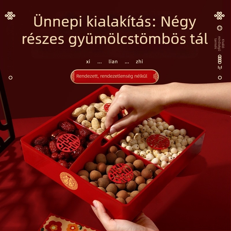 Gyümölcstál négyrekeszes rácsos mintával, hordozható jegyeségi szárazgyümölcs doboz, műanyag, rács minta, új kínai stílus.