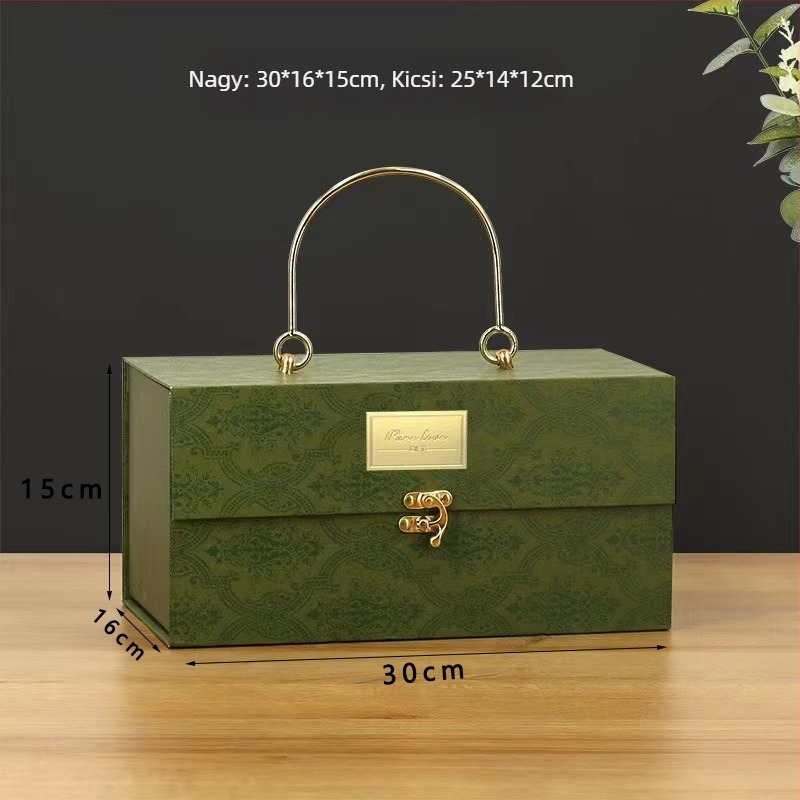 Yq márkájú vintage lila ajándéktoboz — aranyfólia, különleges papír, doboztípusok: kiállítás, ablakos, Ég és Föld fedél