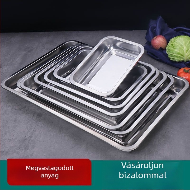 Rozsdamentes acél négyszögletes tál, fényes felület, egyszínű mintázat, modern letisztult stílus