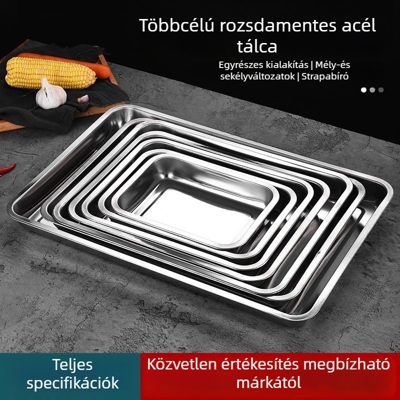 Rozsdamentes acél négyszögletes tál, fényes felület, egyszínű mintázat, modern letisztult stílus