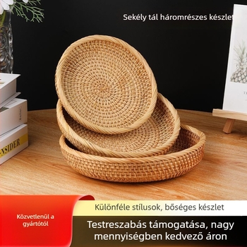 Zhenghong Modell 3 Retro Kézzel Szőtt Rattan Tárolókosár, Kör alakú Gyümölcs/Snack Tálca a kávézóasztalhoz