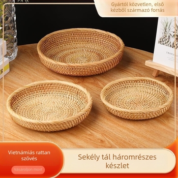 Zhenghong Modell 3 Retro Kézzel Szőtt Rattan Tárolókosár, Kör alakú Gyümölcs/Snack Tálca a kávézóasztalhoz