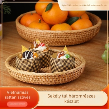 Zhenghong Modell 3 Retro Kézzel Szőtt Rattan Tárolókosár, Kör alakú Gyümölcs/Snack Tálca a kávézóasztalhoz