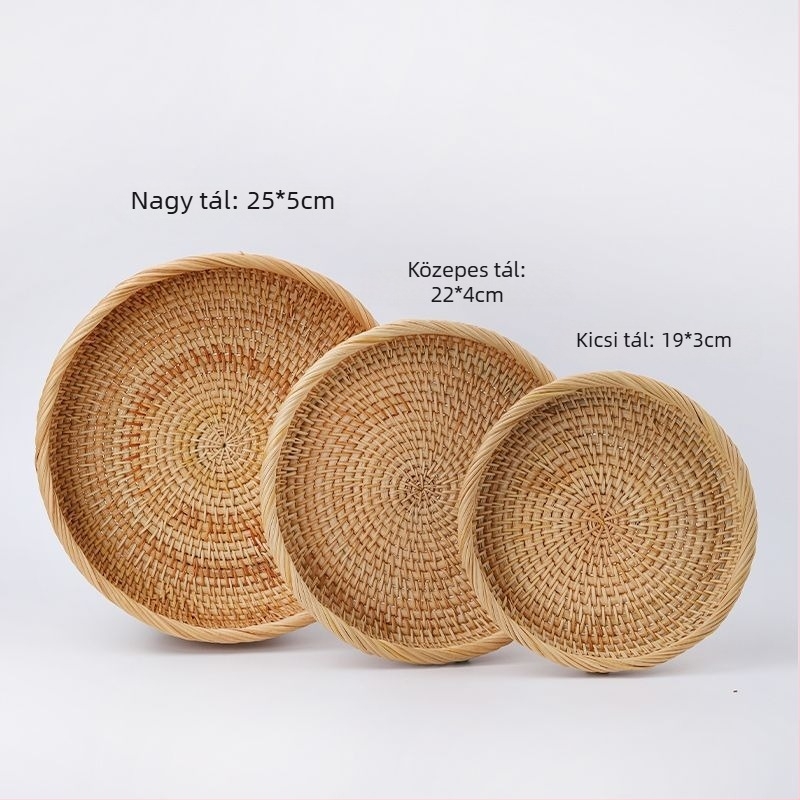 Zhenghong Modell 3 Retro Kézzel Szőtt Rattan Tárolókosár, Kör alakú Gyümölcs/Snack Tálca a kávézóasztalhoz