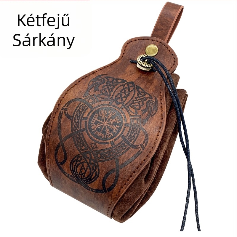 Férfi deréktáska Viking-stílusú domborított mintával, övre akasztható, PU bőr, bélés: szintetikus bőr