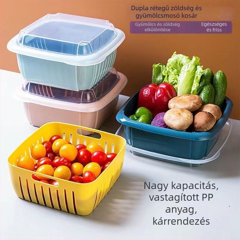 Konyhai kétszintes mosó- és leengedő kosár fedővel, PP műanyag, gyümölcs- és zöldség tárolására, négyzetes modell, Longchang