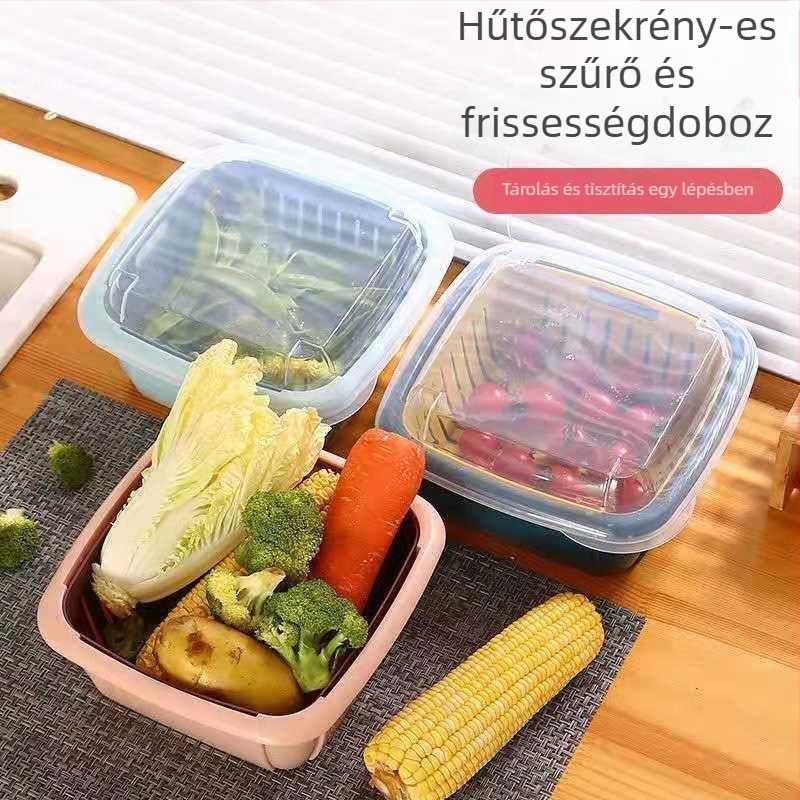 Konyhai kétszintes mosó- és leengedő kosár fedővel, PP műanyag, gyümölcs- és zöldség tárolására, négyzetes modell, Longchang