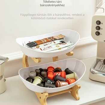 Háromszintes műanyag gyümölcstál bambusz- és fa kerettel, nassoláshoz, nappaliba