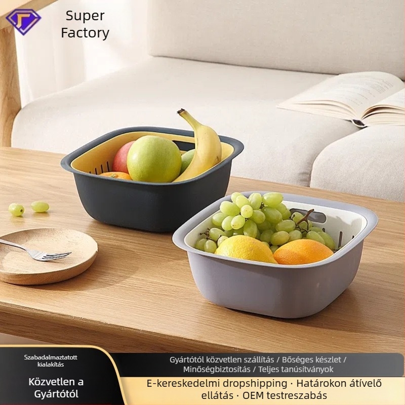 Kétszintes szárító kosár gyümölcs és zöldség számára – négyszögletes műanyag tárolókosár fedővel (Model 1091A)