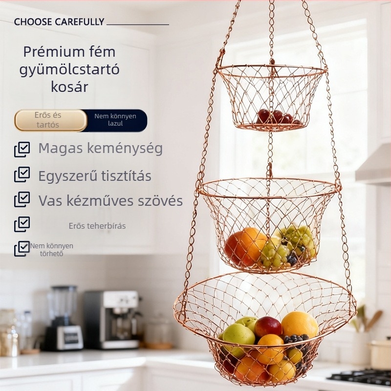 Háromszintes fém gyümölcskosár, függő és összecsukható, luxus retro stílus