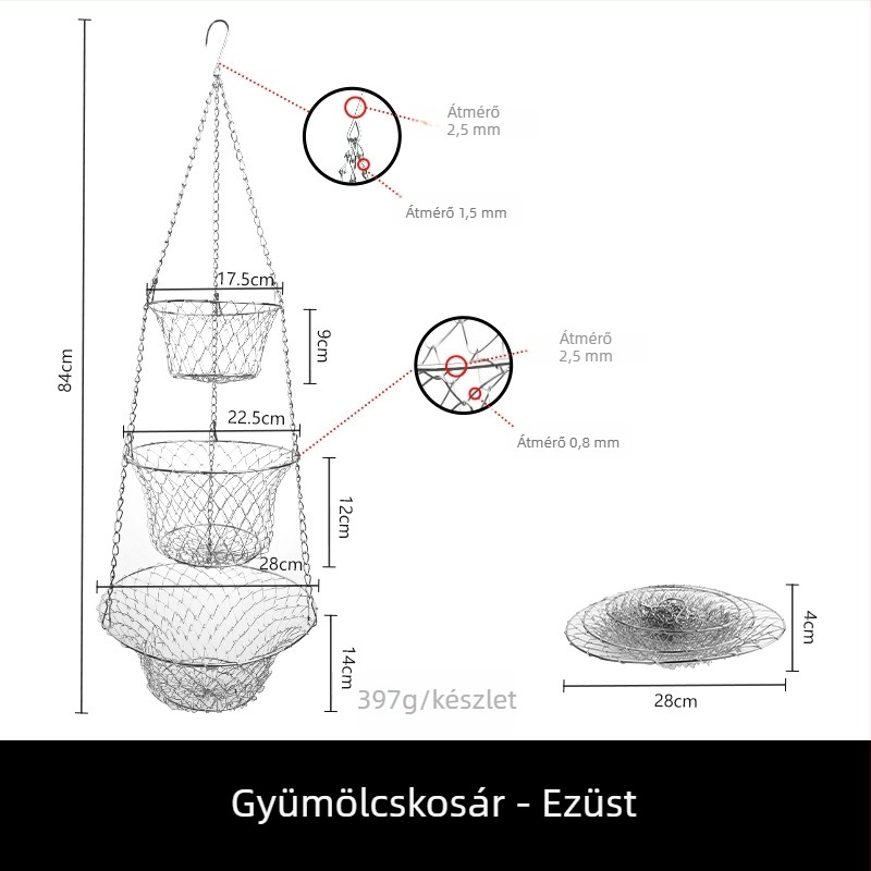 Háromszintes fém gyümölcskosár, függő és összecsukható, luxus retro stílus