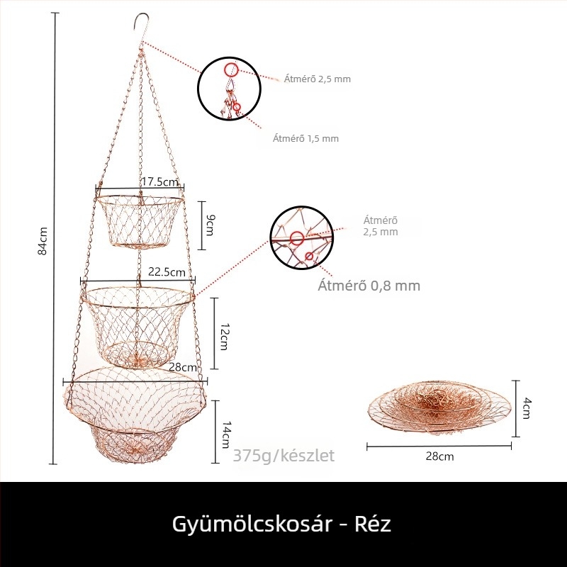 Háromszintes fém gyümölcskosár, függő és összecsukható, luxus retro stílus