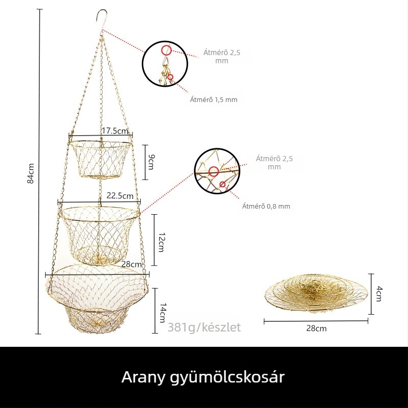 Háromszintes fém gyümölcskosár, függő és összecsukható, luxus retro stílus