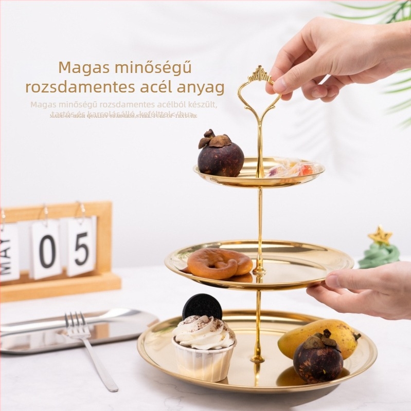 Háromszintes rozsdamentes acél bemutatóállvány gyümölcsök és nassolnivalókhoz – könnyű, egyszerű stílus, első osztályú minőség, Han Bin