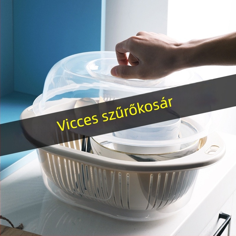 Kétrétegű műanyag zöldségmosó kosár fedővel, konyhai leeresztő kosár, kör alakú gyümölcs- és zöldségtároló kosár