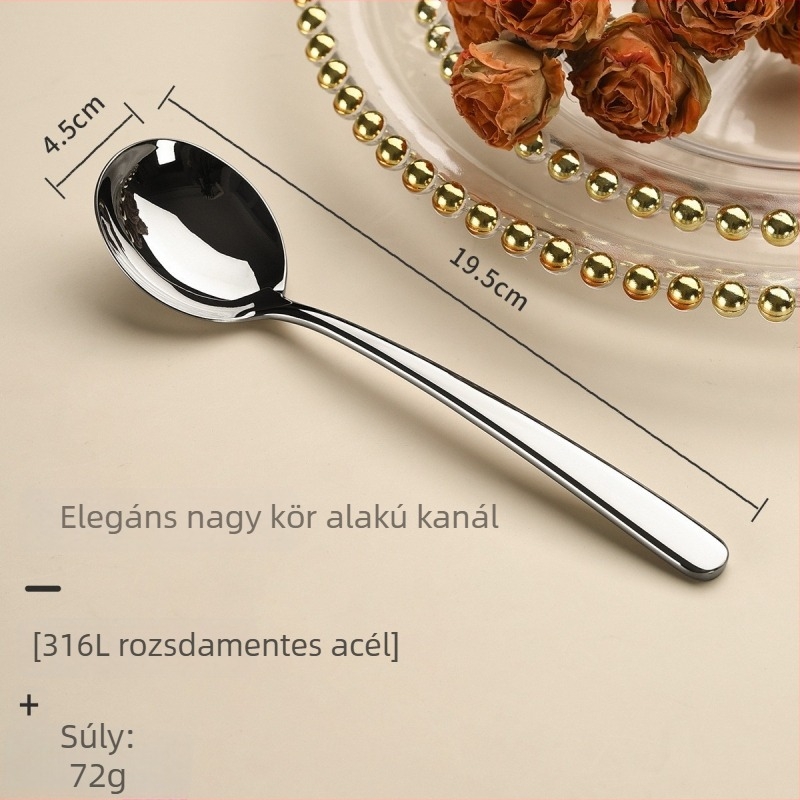 Hosszú fogantyújú kanál, mély belső, rozsdamentes acélból, modern minimalista stílus, tükörfényes felület, testreszabható, prémium minőség