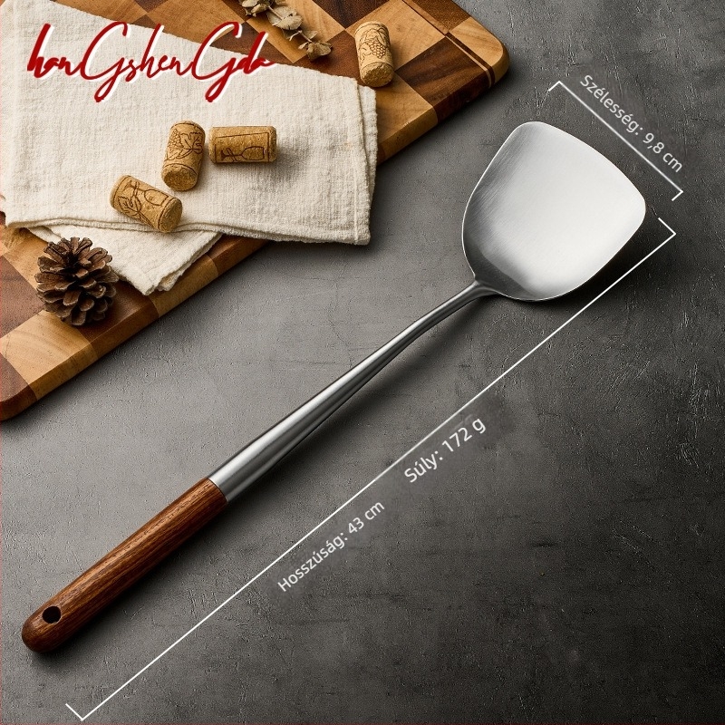 316L rozsdamentes acél wok spatula és merőkanál készlet fa nyéllel, hosszú nyél, modern minimalist stílus