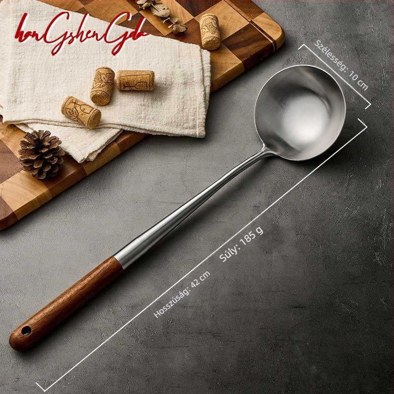 316L rozsdamentes acél wok spatula és merőkanál készlet fa nyéllel, hosszú nyél, modern minimalist stílus