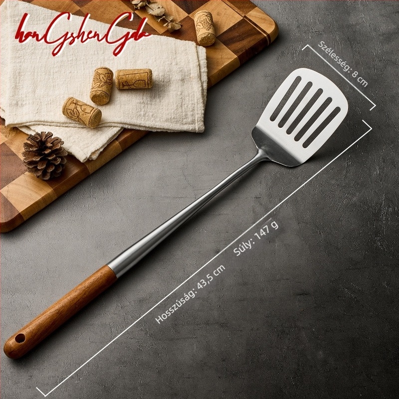316L rozsdamentes acél wok spatula és merőkanál készlet fa nyéllel, hosszú nyél, modern minimalist stílus