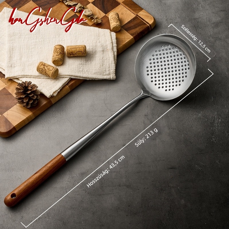 316L rozsdamentes acél wok spatula és merőkanál készlet fa nyéllel, hosszú nyél, modern minimalist stílus