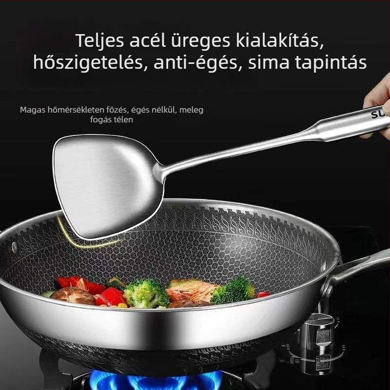 Rozsdamentes acél merőkanál és spatula készlet, egyrészes kivitel, égésvédő kialakítás, tapadásmentes konyhai eszköz