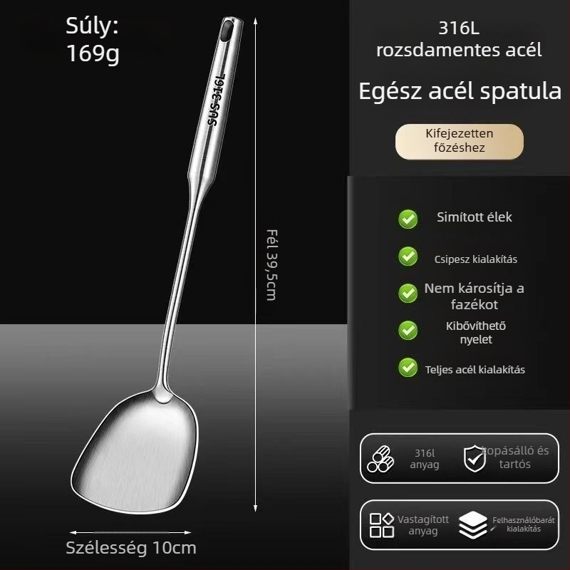 Rozsdamentes acél merőkanál és spatula készlet, egyrészes kivitel, égésvédő kialakítás, tapadásmentes konyhai eszköz