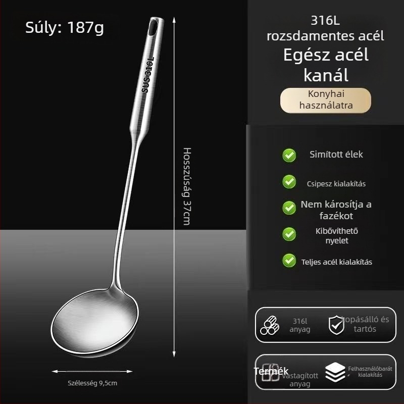 Rozsdamentes acél merőkanál és spatula készlet, egyrészes kivitel, égésvédő kialakítás, tapadásmentes konyhai eszköz