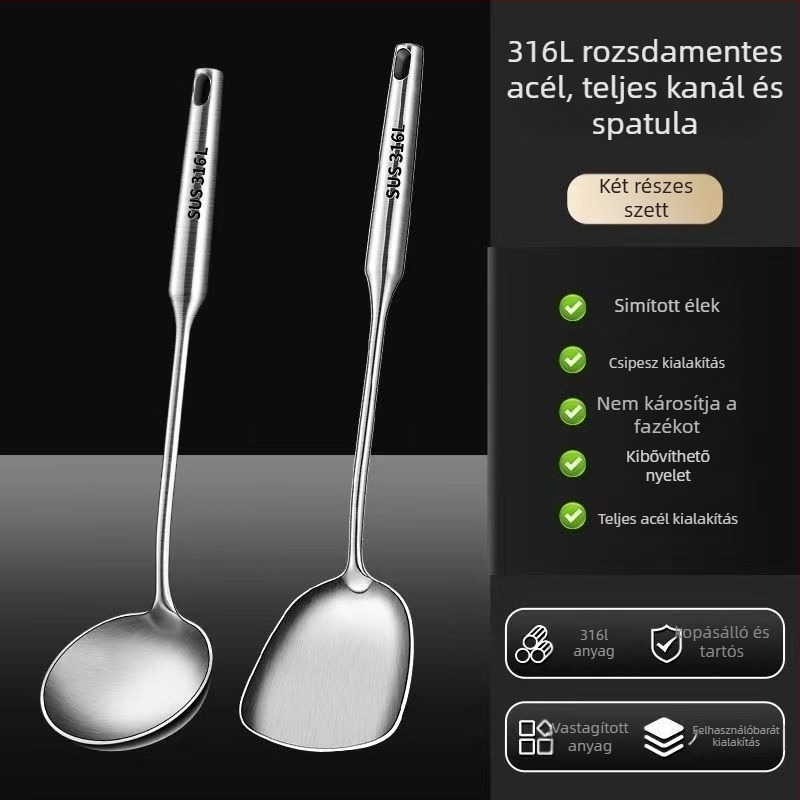 Rozsdamentes acél merőkanál és spatula készlet, egyrészes kivitel, égésvédő kialakítás, tapadásmentes konyhai eszköz