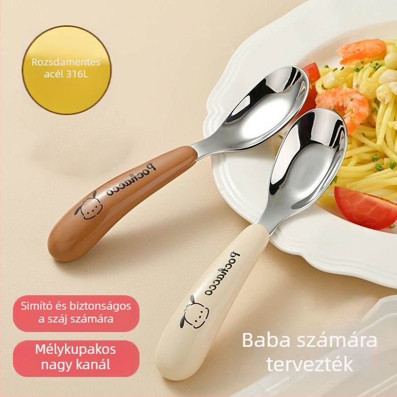 316 rozsdamentes acélból készült gyerekeknek szánt kanál, zabkásához etetésére, tükörfényes felület, egyszerű stílus
