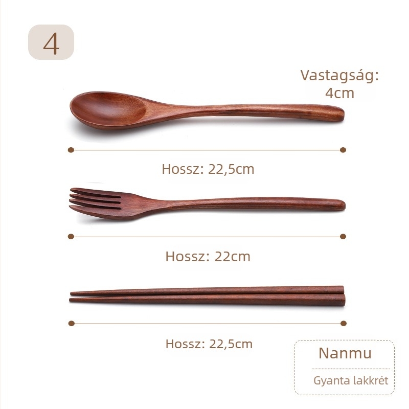 Három darabos étkészlet: evőpálcika, kanál és villa Nanmu-ból, pásztor stílus, nyomtatott logó, Three Bears márka