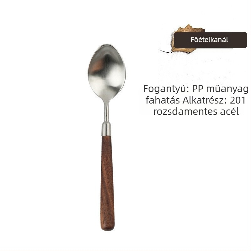 Rozsdamentes acél evőeszköz készlet fa nyéllel és dió imitációjú kanállal, kézzel készített, modern minimalista stílus