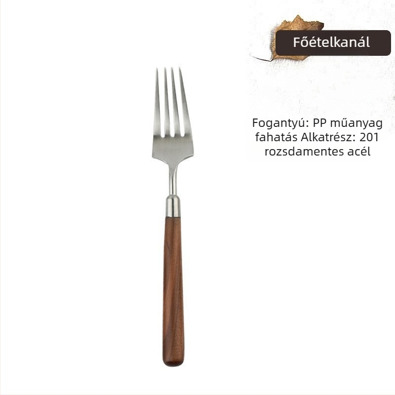 Rozsdamentes acél evőeszköz készlet fa nyéllel és dió imitációjú kanállal, kézzel készített, modern minimalista stílus