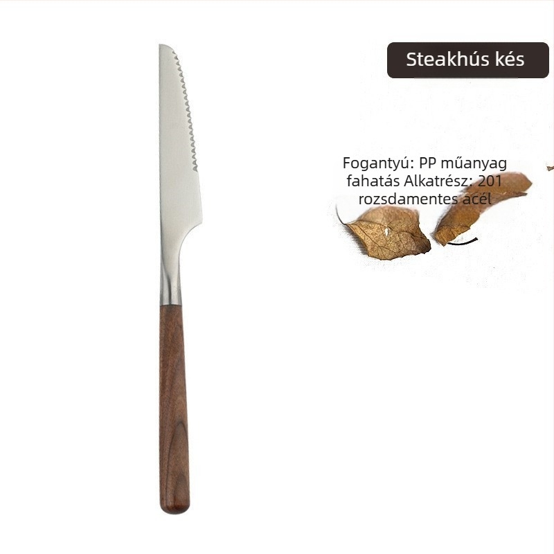 Rozsdamentes acél evőeszköz készlet fa nyéllel és dió imitációjú kanállal, kézzel készített, modern minimalista stílus