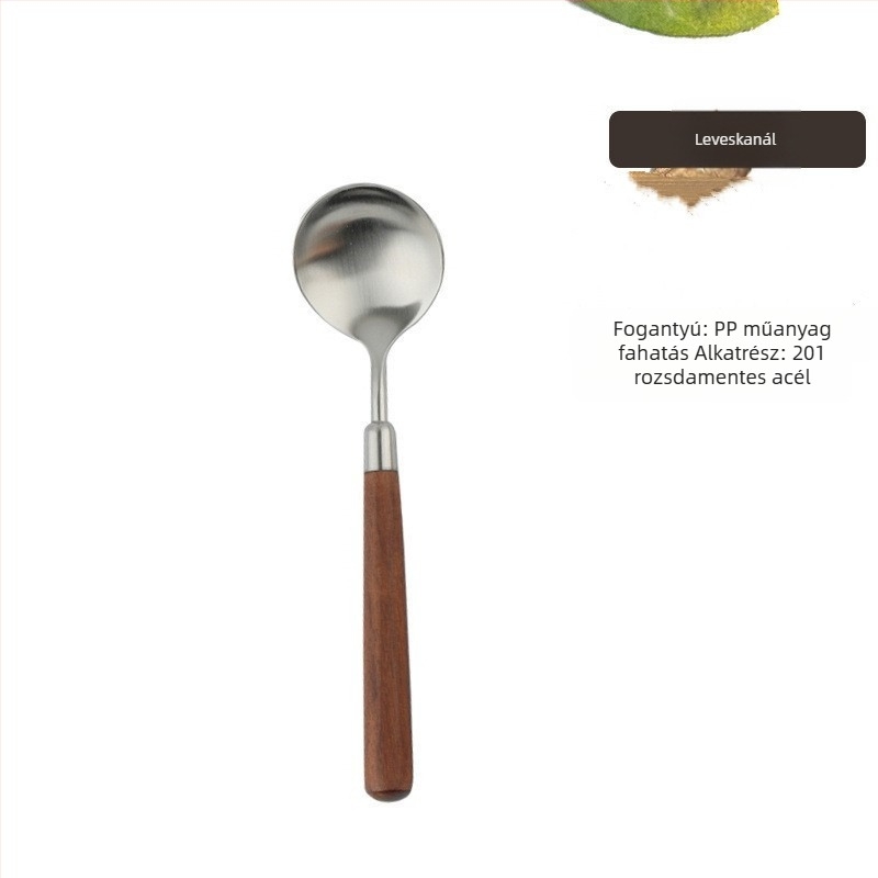 Rozsdamentes acél evőeszköz készlet fa nyéllel és dió imitációjú kanállal, kézzel készített, modern minimalista stílus