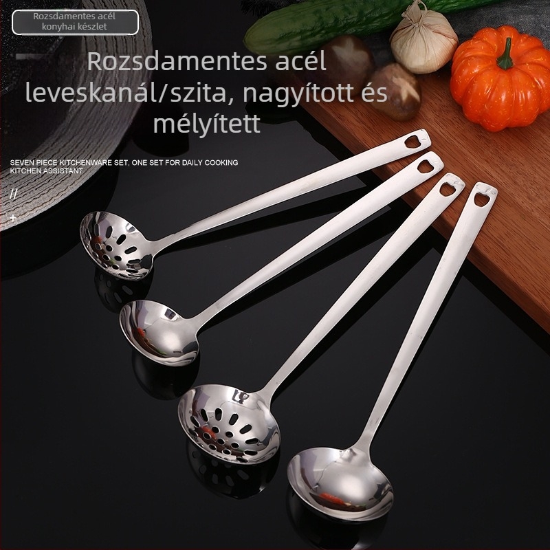 Chenxi vastagított rozsdamentes acél konyhai kanál-spatula készlet hosszú nyéllel, égésgátló, magas hőállóságú, levesekhez és zabkásához