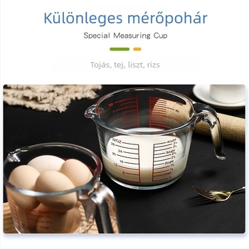 Fogantyús mérőpohár, boroszilikát üveg, graduált skálázás, vastagított, hőálló otthoni konyhához