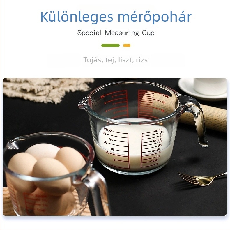 Fogantyús mérőpohár, boroszilikát üveg, graduált skálázás, vastagított, hőálló otthoni konyhához
