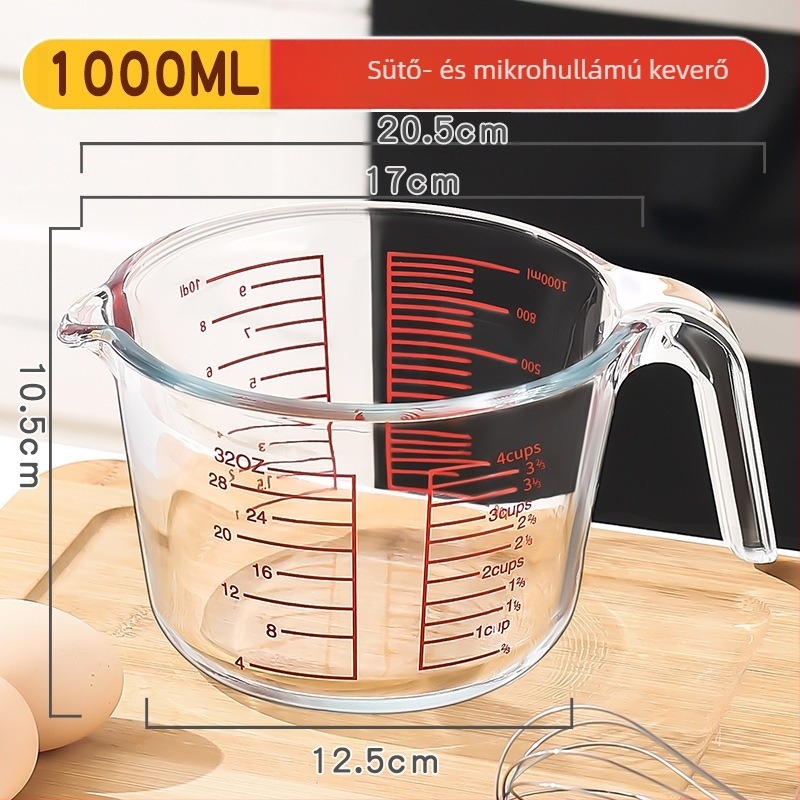 Fogantyús mérőpohár, boroszilikát üveg, graduált skálázás, vastagított, hőálló otthoni konyhához