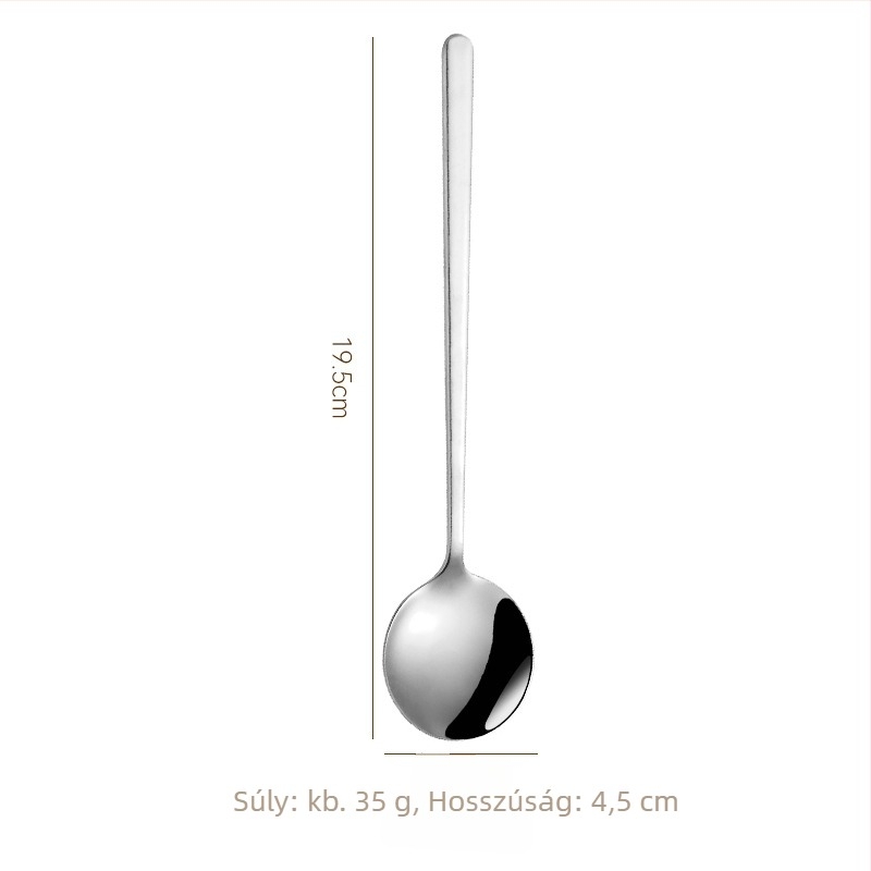 Rozsdamentes acél hosszú nyelű kanál, kerek fejű, modern minimalist dizájn, testreszabható logó