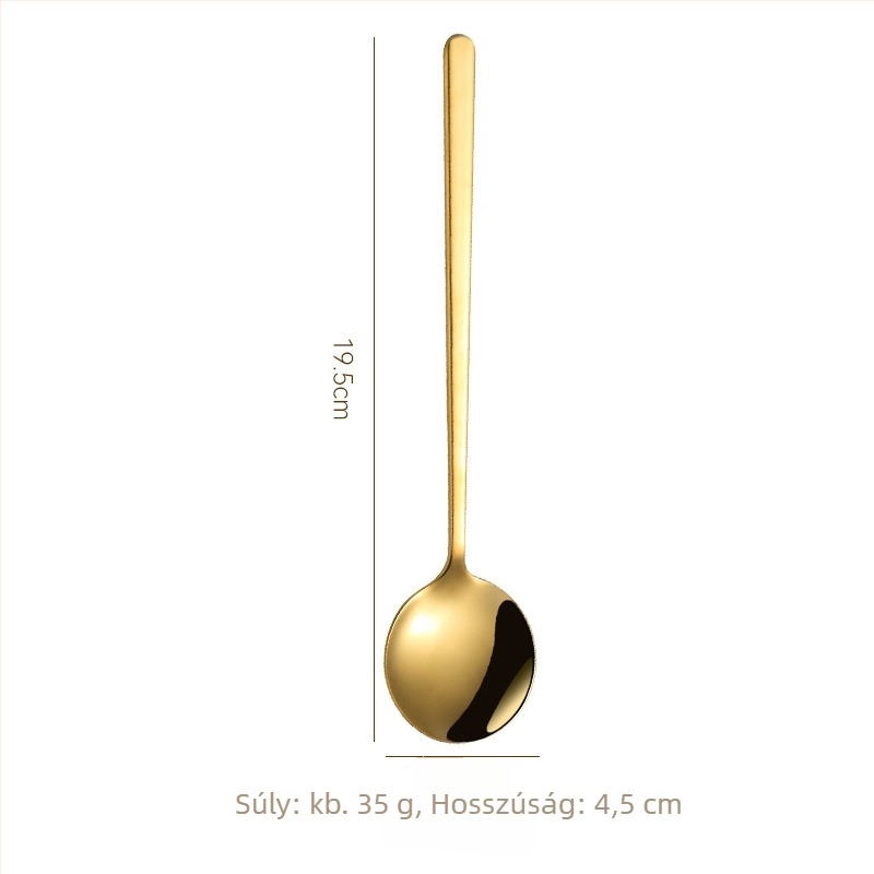 Rozsdamentes acél hosszú nyelű kanál, kerek fejű, modern minimalist dizájn, testreszabható logó