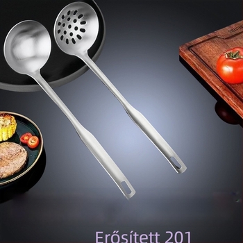 Konyhai rozsdamentes acél leveses kanál szűrővel, háztartási használatra, modern minimalist stílus, vízpolírozott felület, testreszabható.