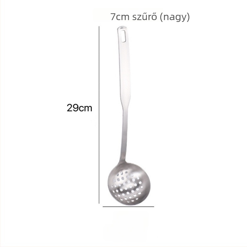 Konyhai rozsdamentes acél leveses kanál szűrővel, háztartási használatra, modern minimalist stílus, vízpolírozott felület, testreszabható.