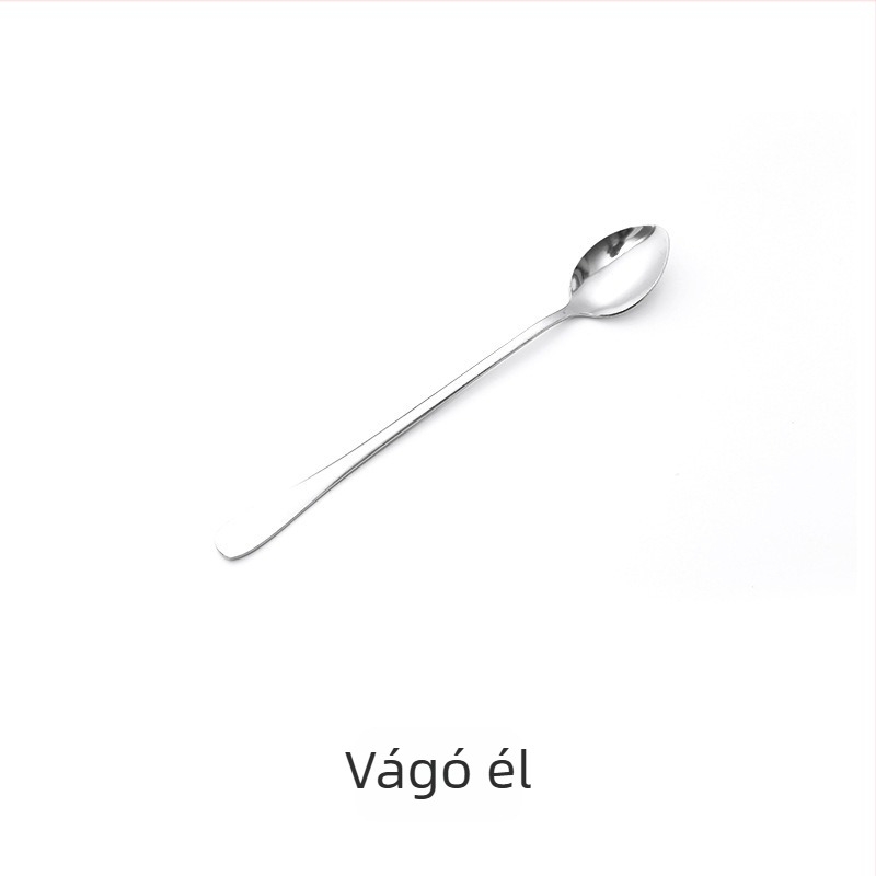 Hosszú nyeletű kanál rozsdamentes acélból, tükrös polírozású felület, modern elegáns stílus, gyerekeknek alkalmas.