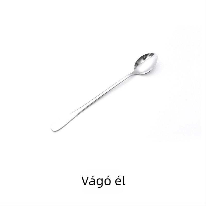 Hosszú nyeletű kanál rozsdamentes acélból, tükrös polírozású felület, modern elegáns stílus, gyerekeknek alkalmas.
