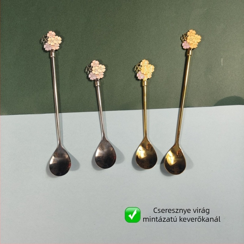 Rozsdamentes acélból készült kanál kávéhoz/teához, hosszú nyéllel, cseresznyavirág mintával, koreai stílus, tükörfényes felület