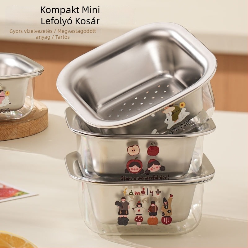 304 rozsdamentes acél gyümölcskosár, kétszintes leeresztő kosár, mini aranyos dizájn
