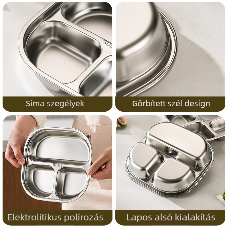 Osztott tál rozsdamentes acélból, négyzetes, egyszínű mintázat, aranyos stílus gyermekeknek