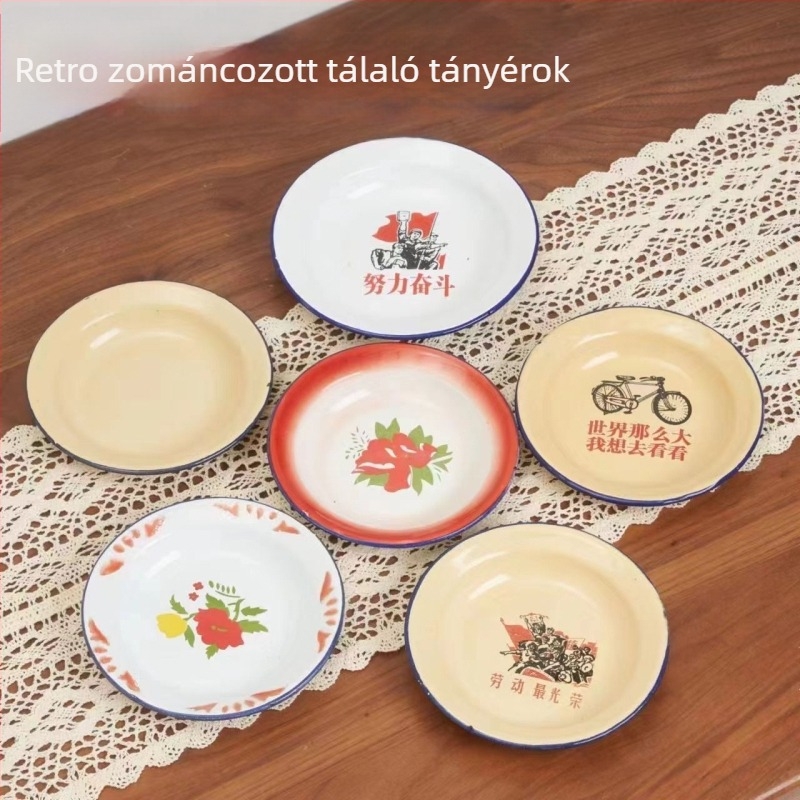 Emalizált kerek nasi tál virágos mintával, stílus National Tide Wind, nem mikrohullámú sütőben használható