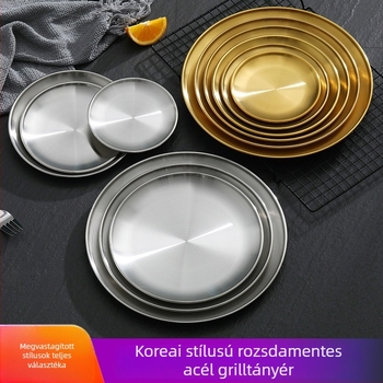 Koreai stílusú barbecue étkészlet, aranyozott rozsdamentes acélból készült kör tál, díszítő tálca, vastagabb lapos tál