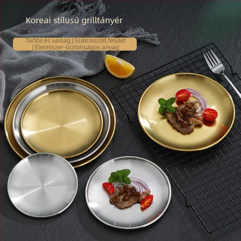 Koreai stílusú barbecue étkészlet, aranyozott rozsdamentes acélból készült kör tál, díszítő tálca, vastagabb lapos tál